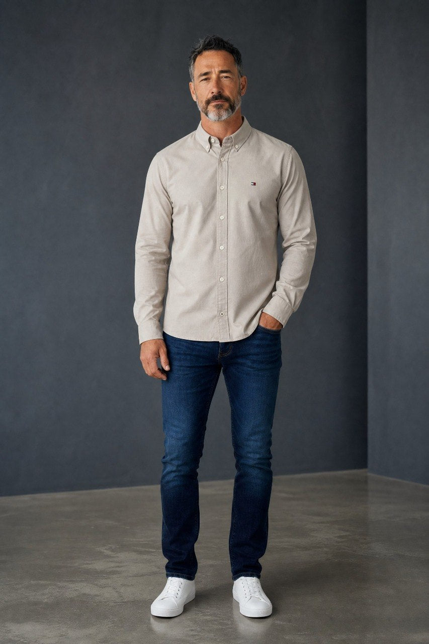Tommy Hilfiger Premium Stone Beige Oxford Button Down Long Sleeve Shirt for Men β Luxury Minimal Smart Casual Essential π€β¨