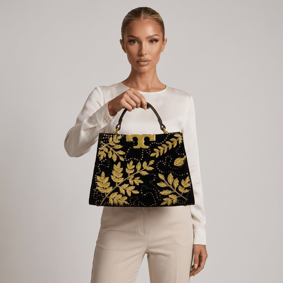 ✨ Tory Burch Eleanor Embroidered Top Handle Bag – Black & Gold Luxury Edition ✨