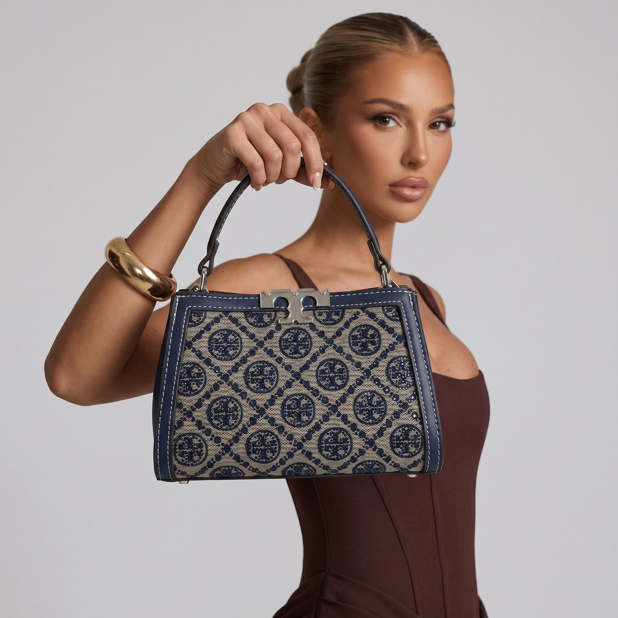 Tory Burch Monogram Mini Top Handle Bag β Navy & Beige Canvas Luxury πβ¨