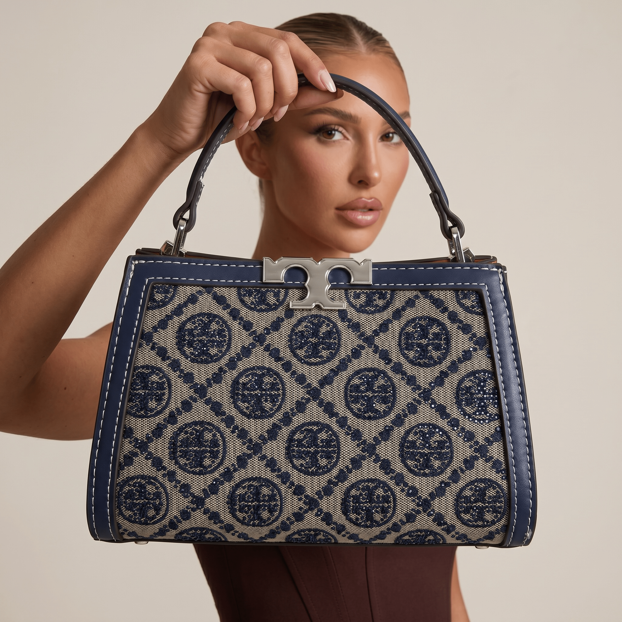 Tory Burch Monogram Mini Top Handle Bag β Navy & Beige Canvas Luxury πβ¨