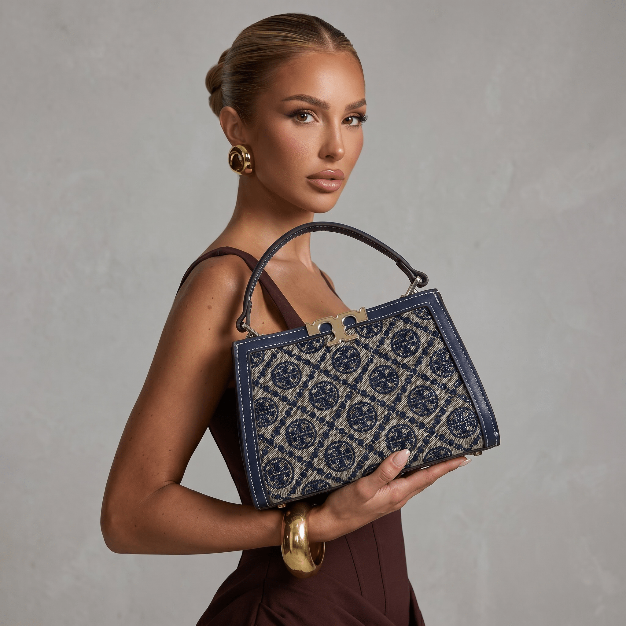 Tory Burch Monogram Mini Top Handle Bag β Navy & Beige Canvas Luxury πβ¨