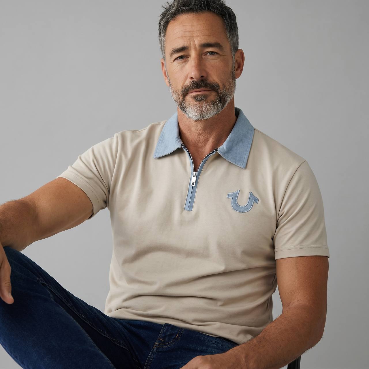 True Religion Half-Zip Polo T-Shirt β Beige & Sky Blue Edition π€π