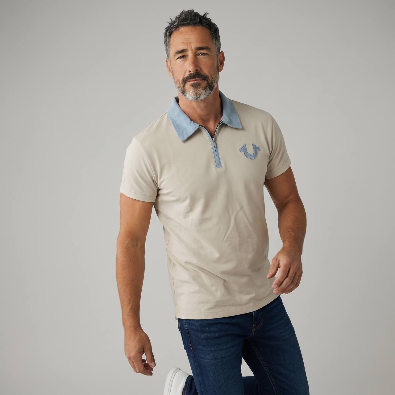 True Religion Half-Zip Polo T-Shirt β Beige & Sky Blue Edition π€π