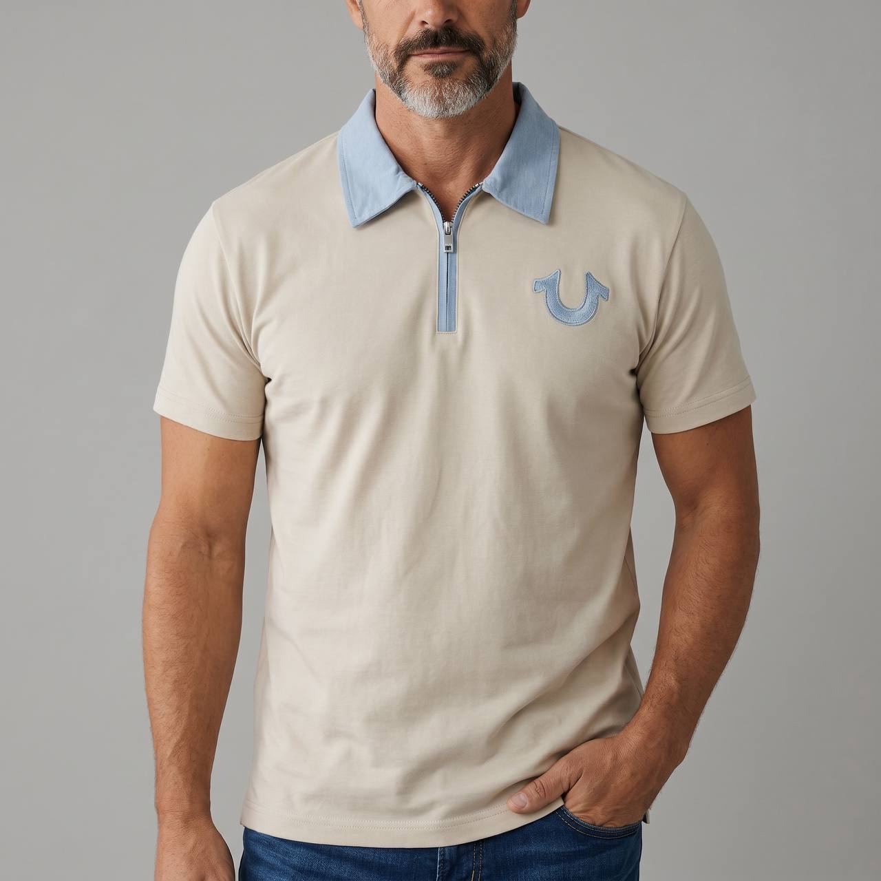 True Religion Half-Zip Polo T-Shirt β Beige & Sky Blue Edition π€π