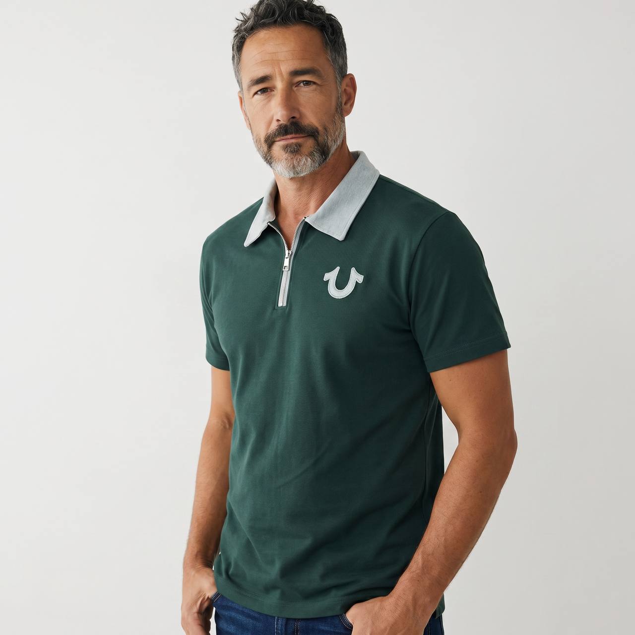 True Religion Half-Zip Polo T-Shirt β Forest Green Luxury Edition πβ¨