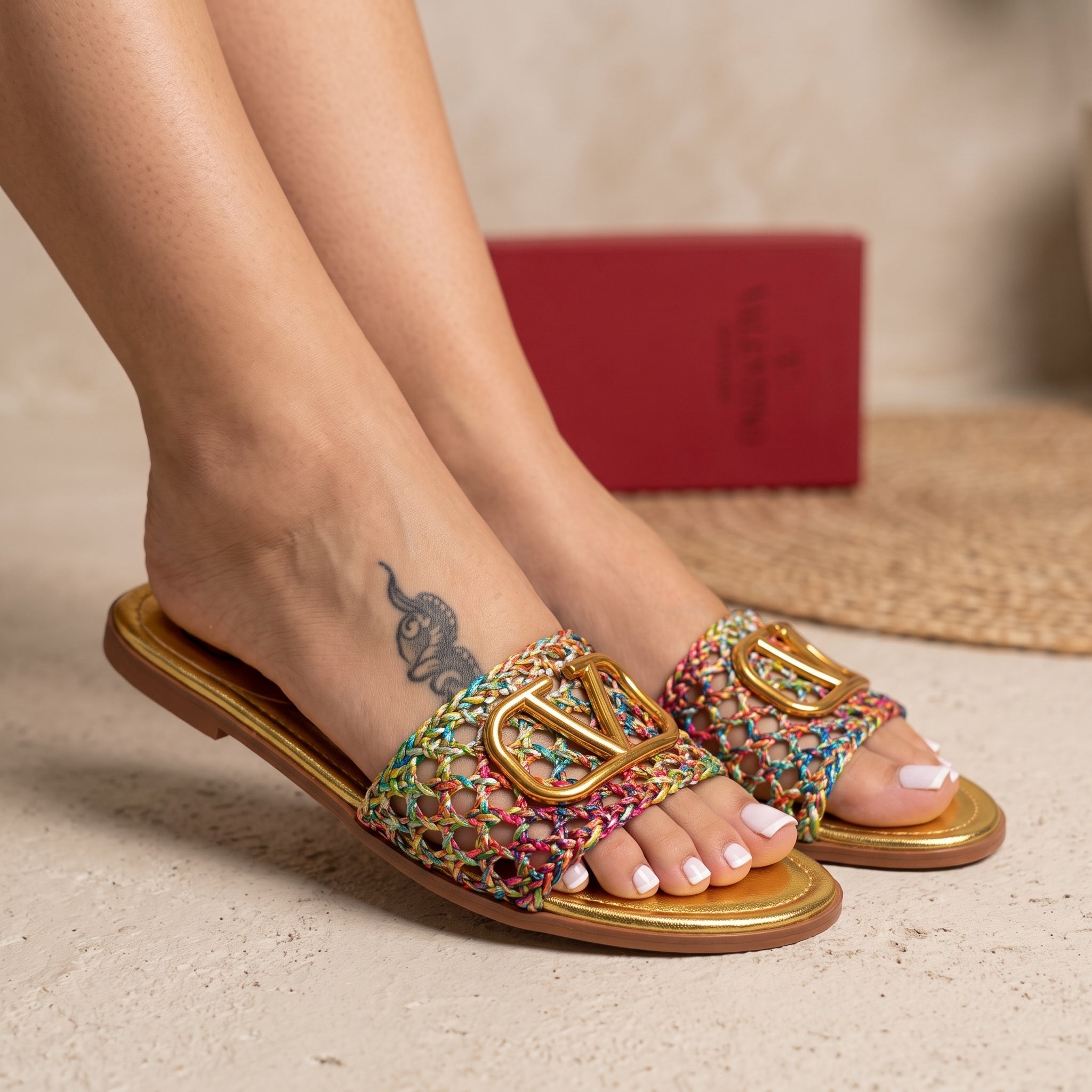 Valentino Slide – Multicolor Braided V Logo 🌈
