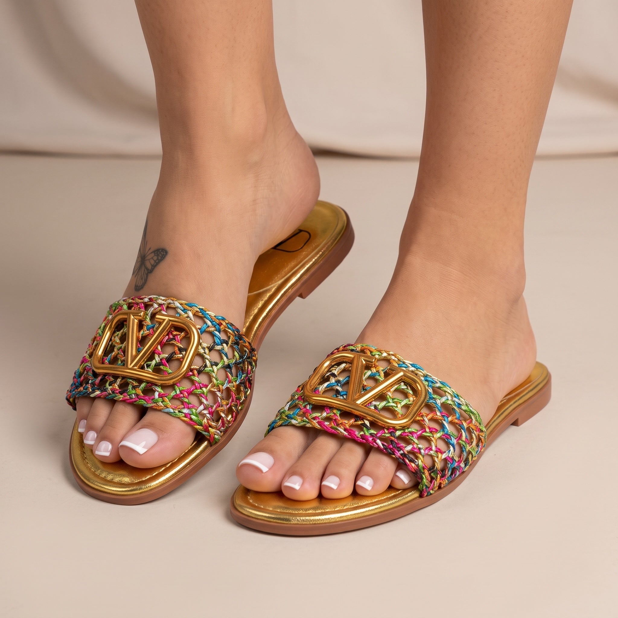 Valentino Slide – Multicolor Braided V Logo 🌈