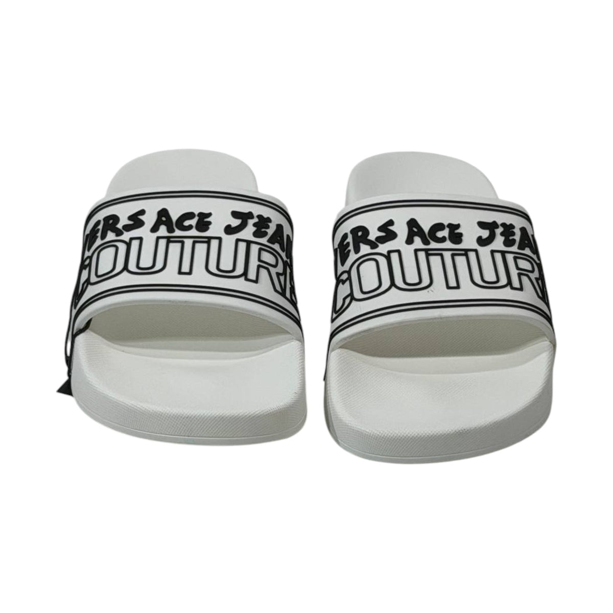 🤍 Versace Jeans Couture White Logo Slides – Luxury Minimalist Summer Essential ✨