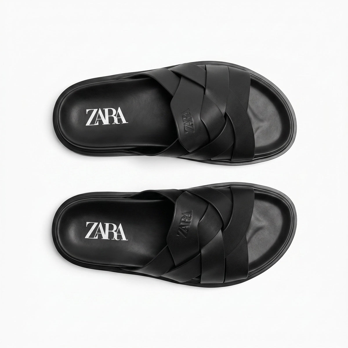 Zara Black Woven Leather Slide Sandals