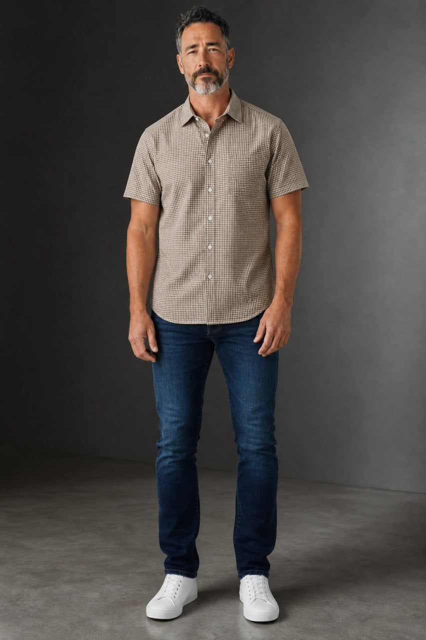 Zara Premium Beige Checkered Short Sleeve Button Up Shirt for Men – Relaxed Fit Smart Casual Summer Overshirt 🤎✨