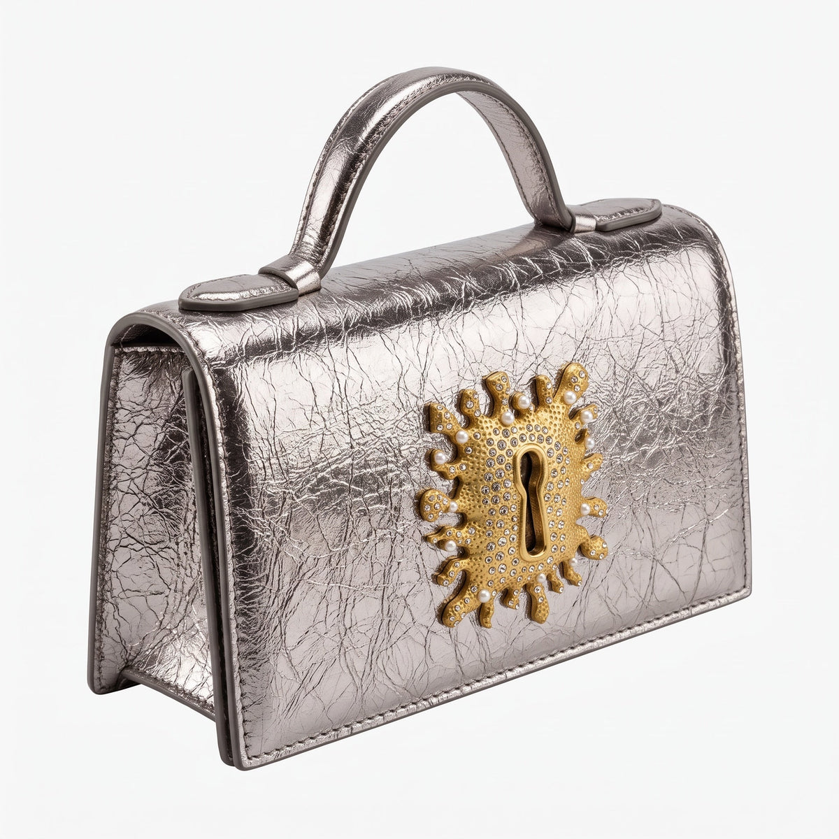 Schiaparelli Keyhole Top-Handle Bag — Metallic Silver
