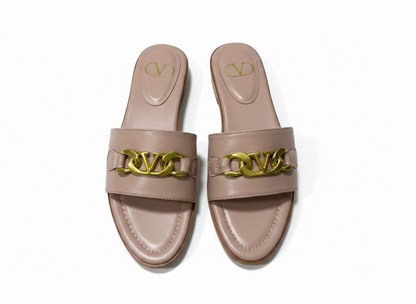 Valentino VLogo Nude Leather Slides 🤍✨ Premium Gold Chain