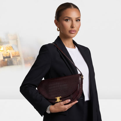 Celine Croc Triomphe Little Halfmoon Bag — Burgundy