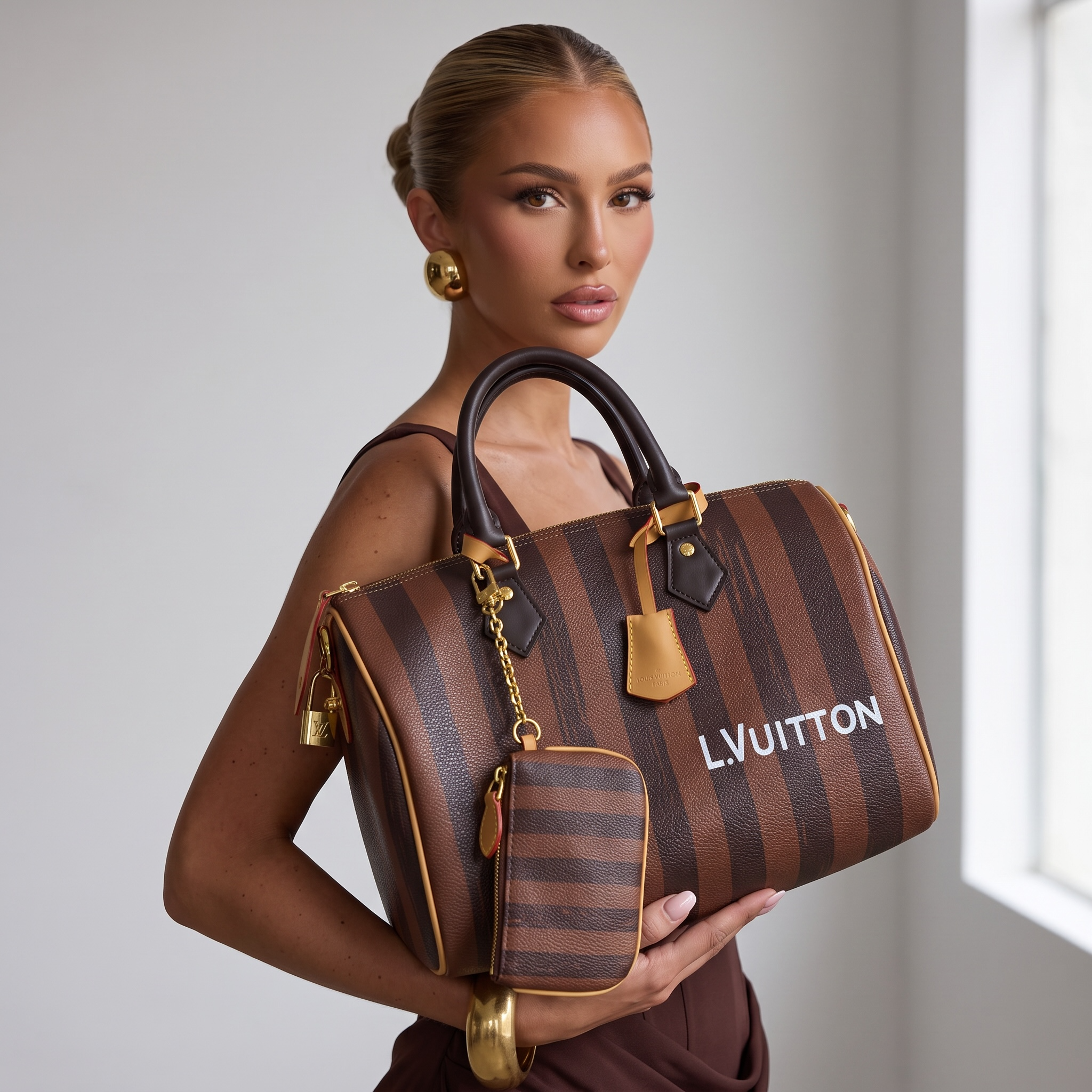 Louis Vuitton Brown Striped Speedy Handbag with Matching Pouch