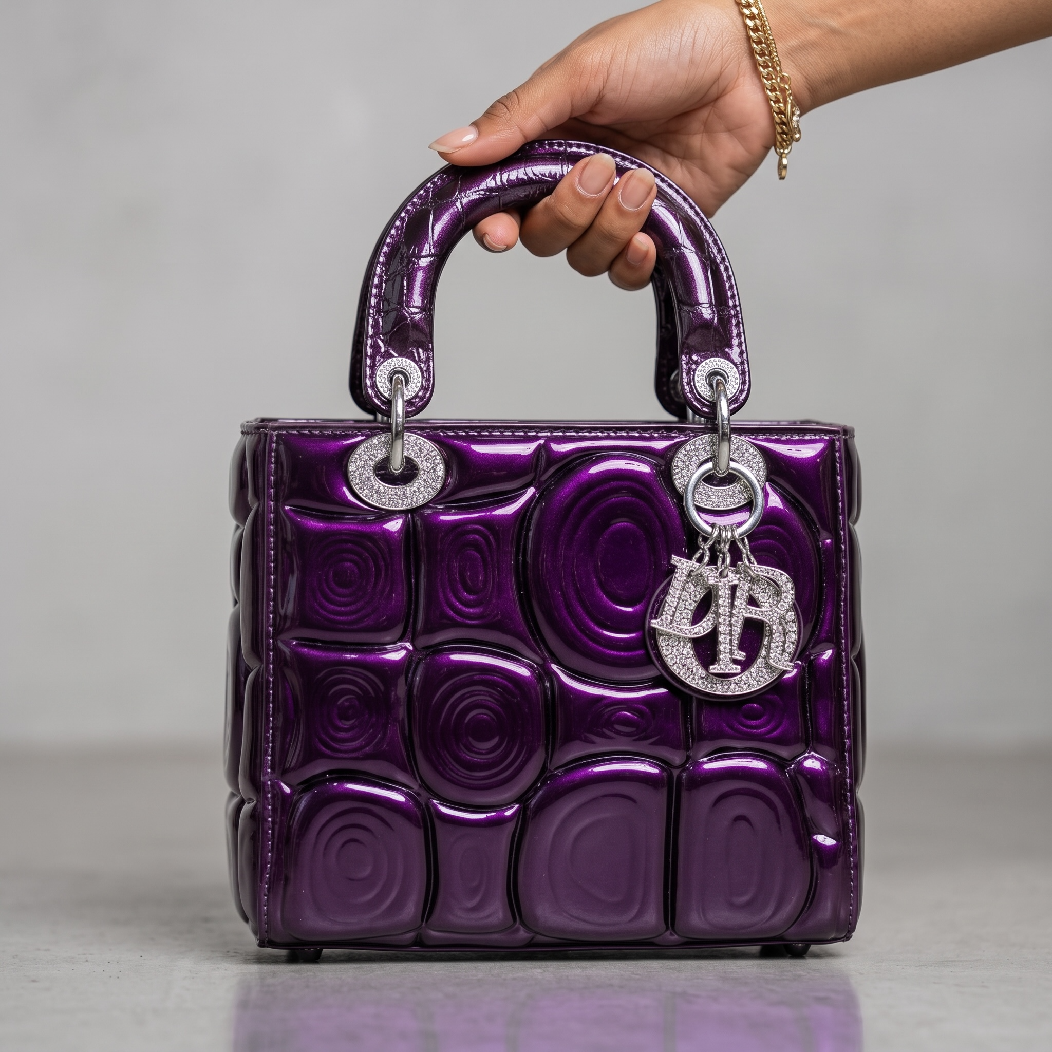 Dior Purple Patent Lady Bag – Glossy Cannage Luxe with Crystal Charms 💜✨