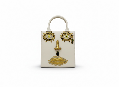 Elsa Schiaparelli Face Motif Ivory Leather Top Handle Bag 🤍✨