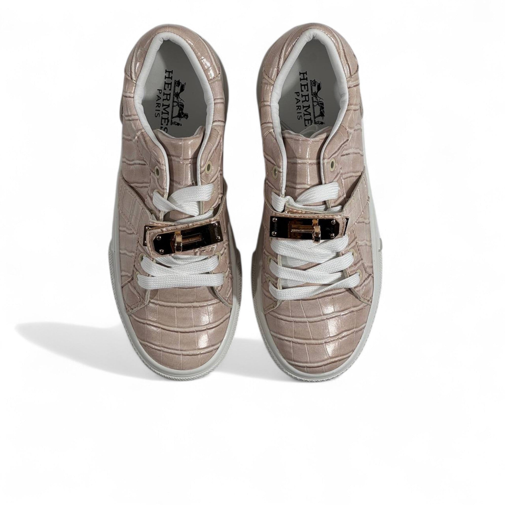 Hermès Beige Croc-Embossed Sneakers with Gold Lock 🤍✨