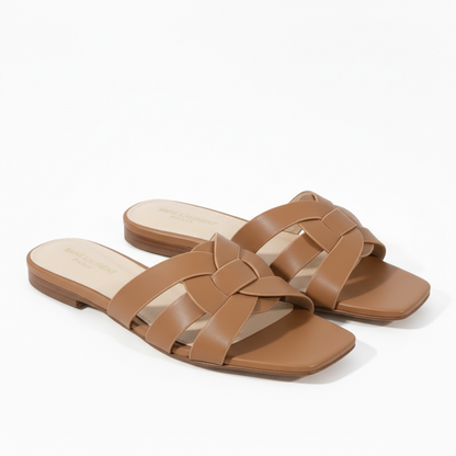 SAINT LAURENT Interlaced Leather Slides – Tan 🤎✨ | Everyday Luxury Essential
