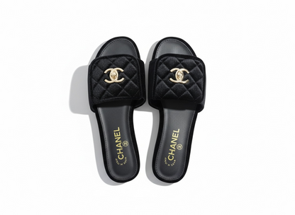 CHANEL Quilted Velvet Slides – Black 🖤✨ | Timeless CC Luxury