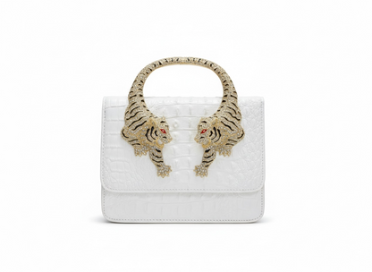 ROBERTO CAVALLI Tiger Handle  Bag – White Gold 🐅✨ | Statement Luxury Piece