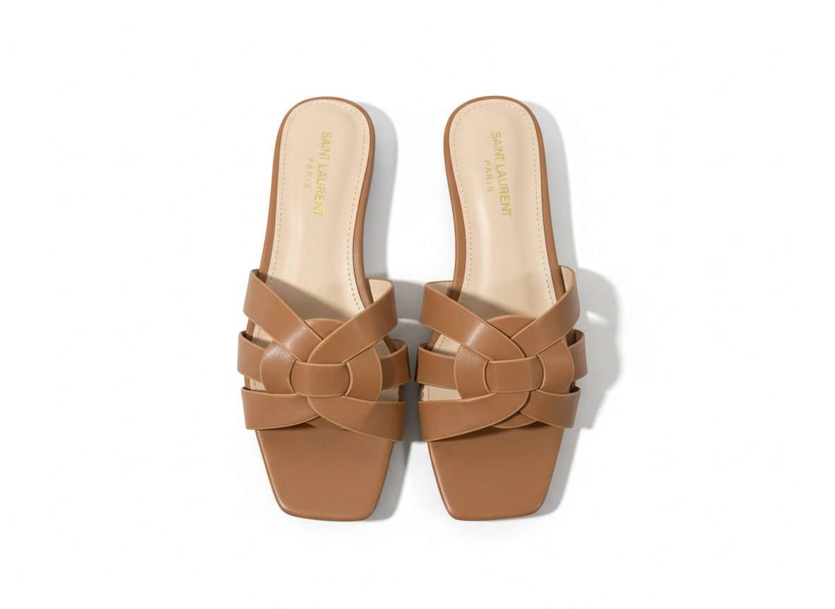 SAINT LAURENT Interlaced Leather Slides – Tan 🤎✨ | Everyday Luxury Essential