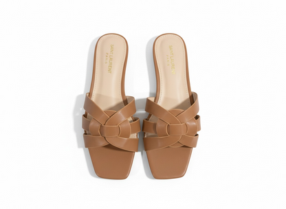 SAINT LAURENT Interlaced Leather Slides – Tan 🤎✨ | Everyday Luxury Essential