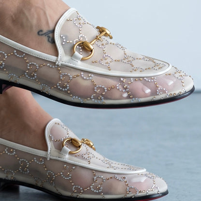 Gucci Horsebit Loafers – Ivory Crystal Mesh ✨