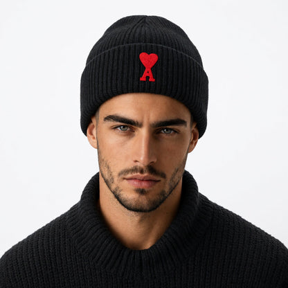 AMI Paris Logo Patch Knitted Beanie — Black