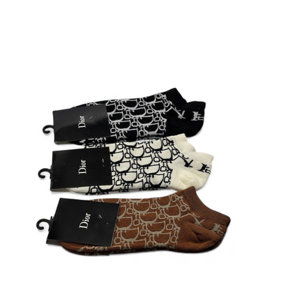 Dior Designer Ankle Socks Set – 3 Colors (Black, White, Brown)