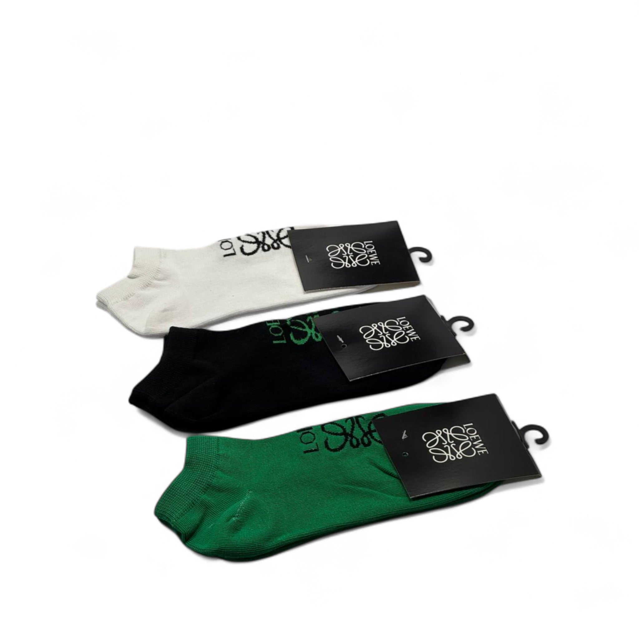 Loewe Signature Ankle Socks – 3-Pack (Green, Black, White)