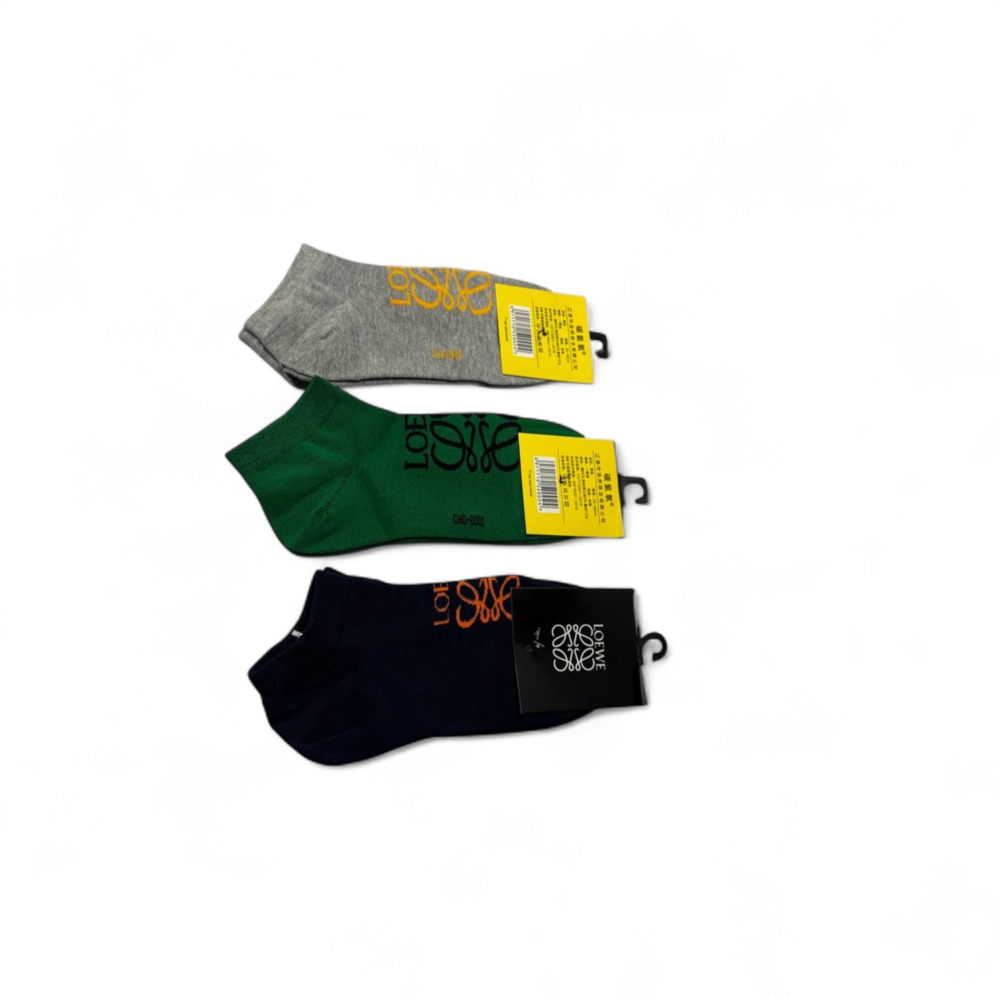 Loewe Ankle Socks Trio – Grey, Green & Navy with Logo Stitching