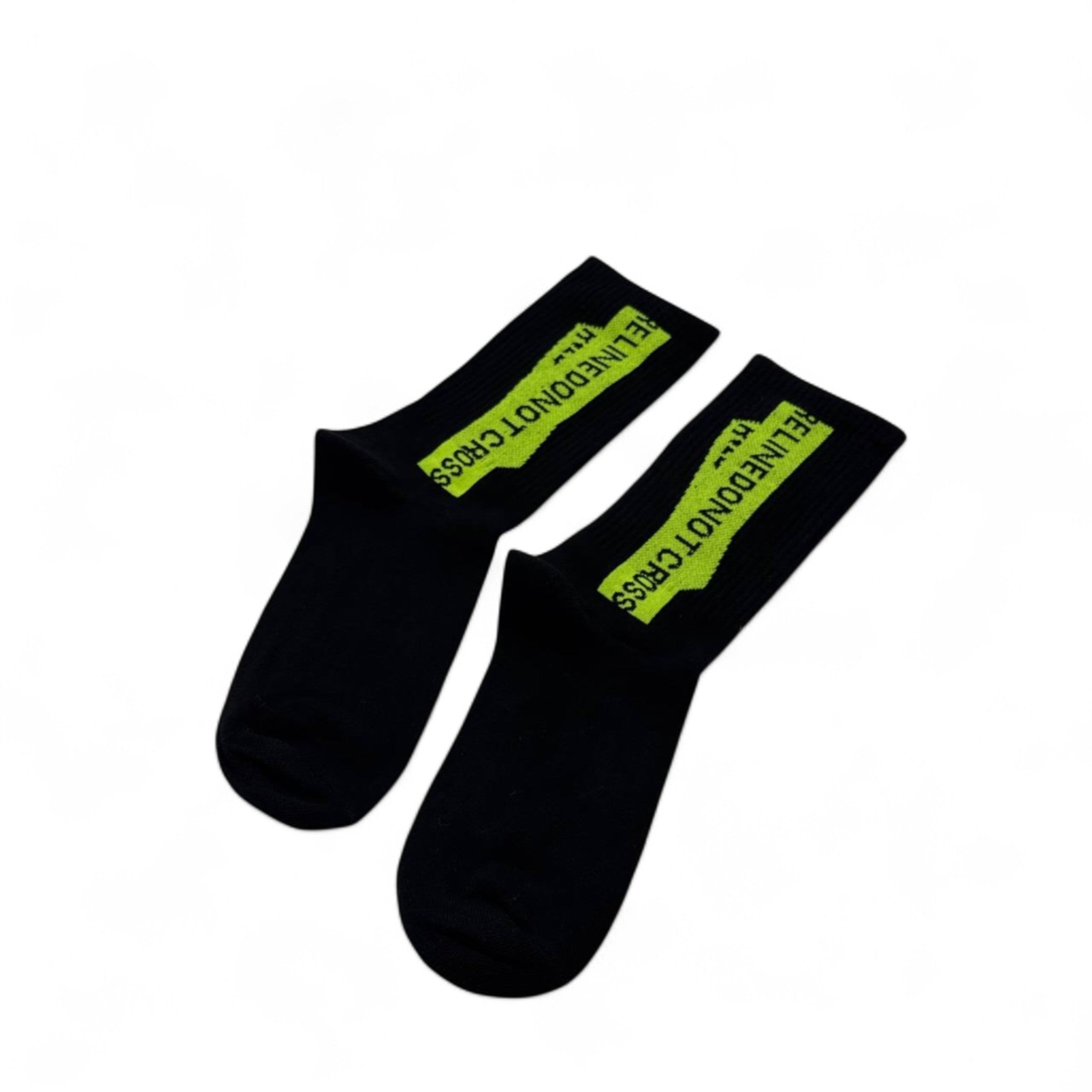 Off-White Style "DO NOT CROSS" Crew Socks – Black & Neon Green