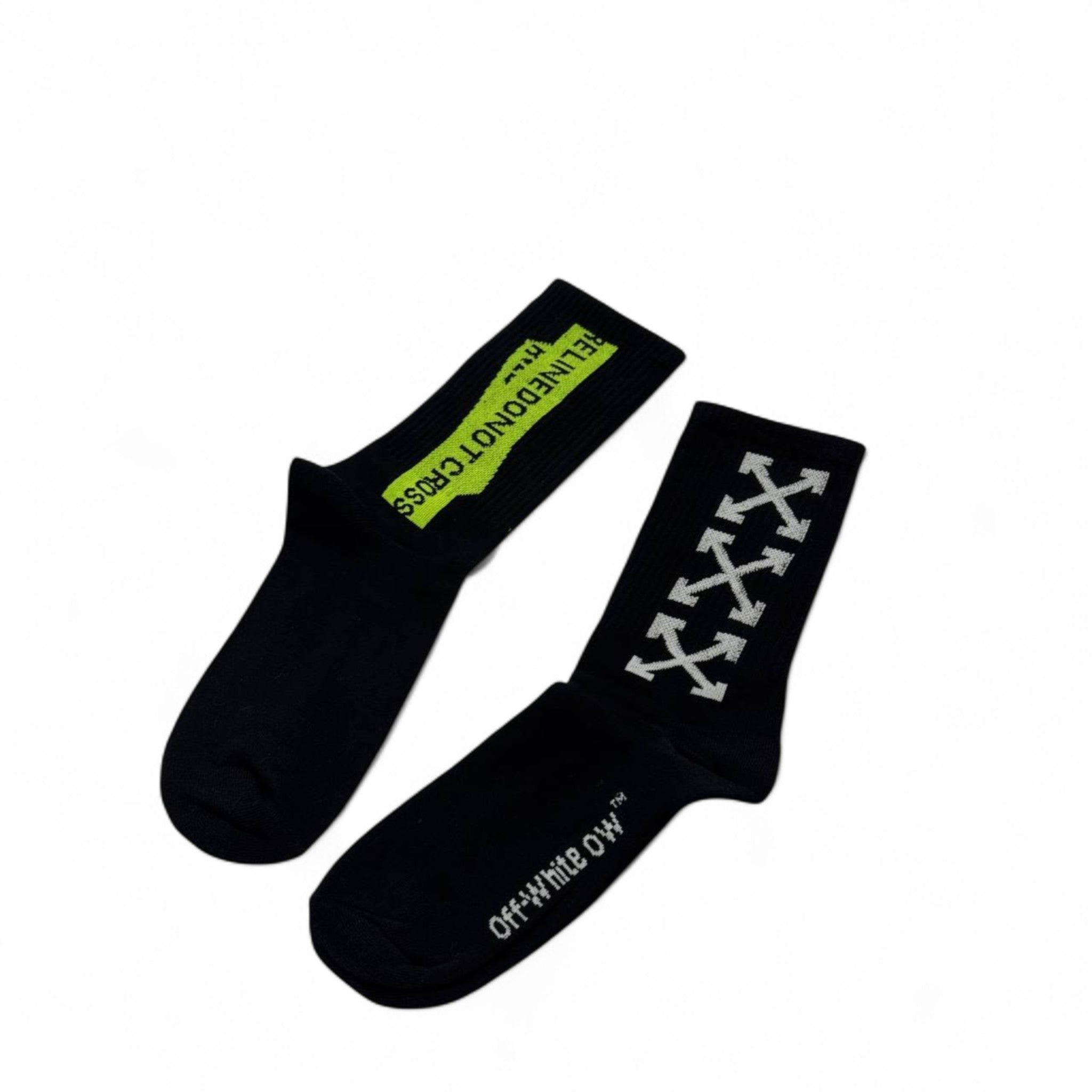 Off-White Style "DO NOT CROSS" Crew Socks – Black & Neon Green