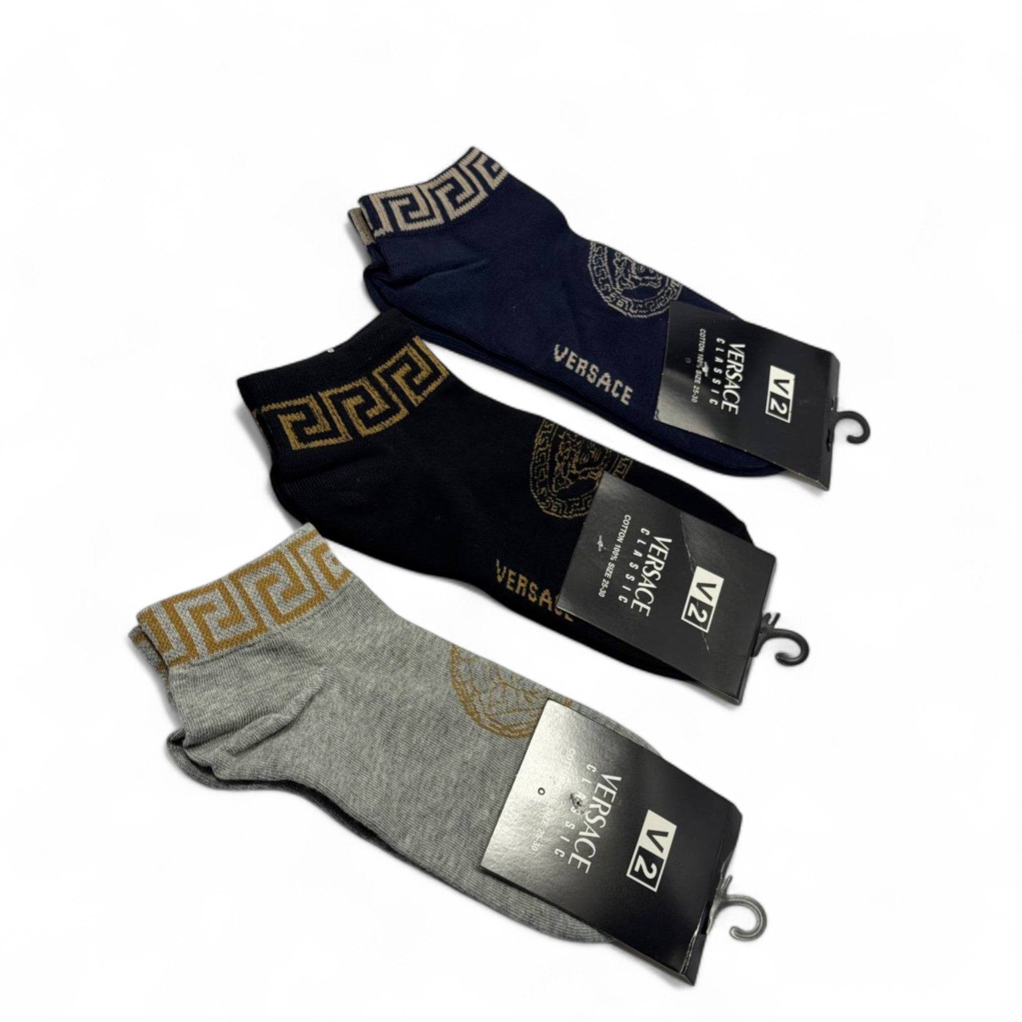 Versace-Inspired Ankle Socks 3-Pack 🔱 | Navy, Black & Grey Luxury Set