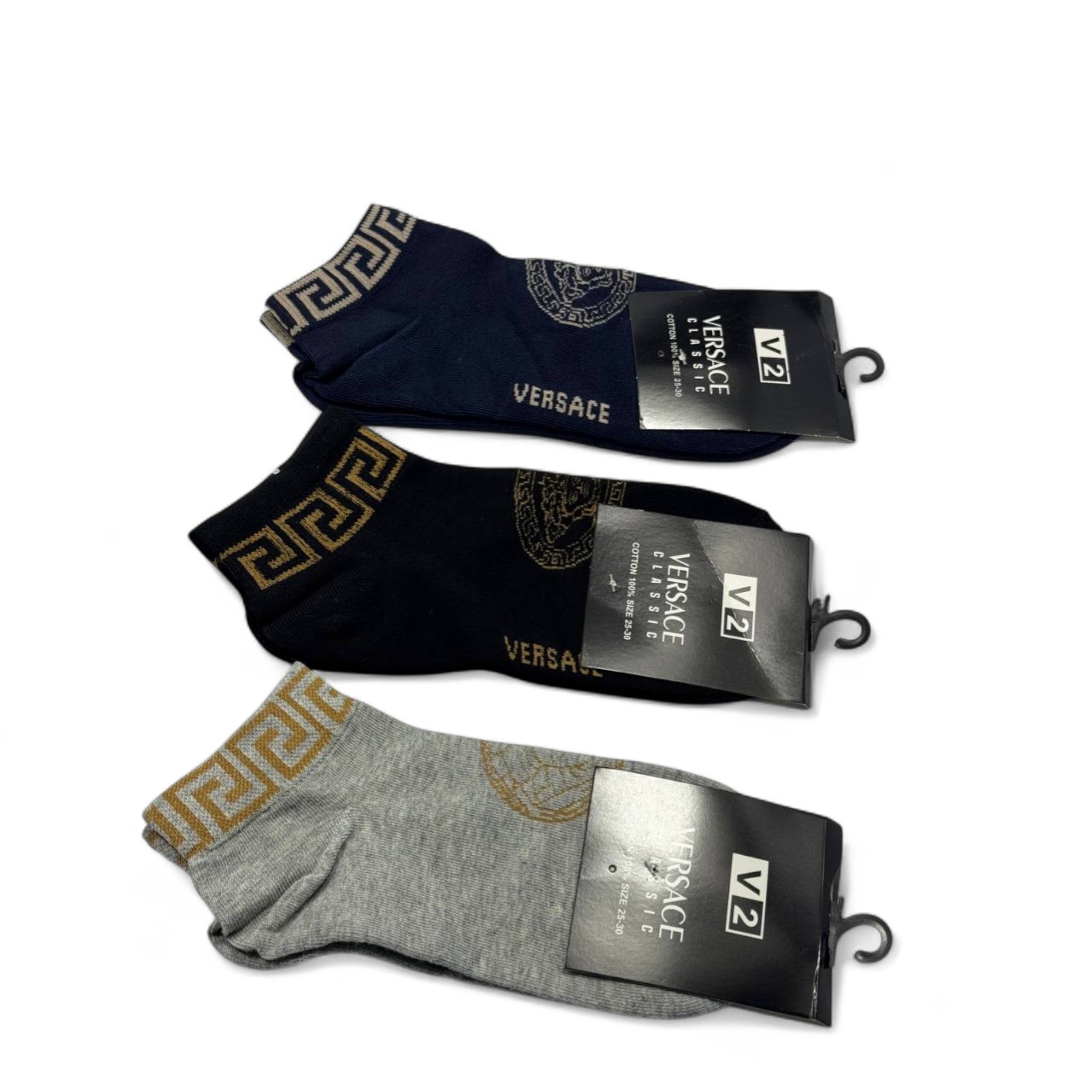 Versace-Inspired Ankle Socks 3-Pack 🔱 | Navy, Black & Grey Luxury Set