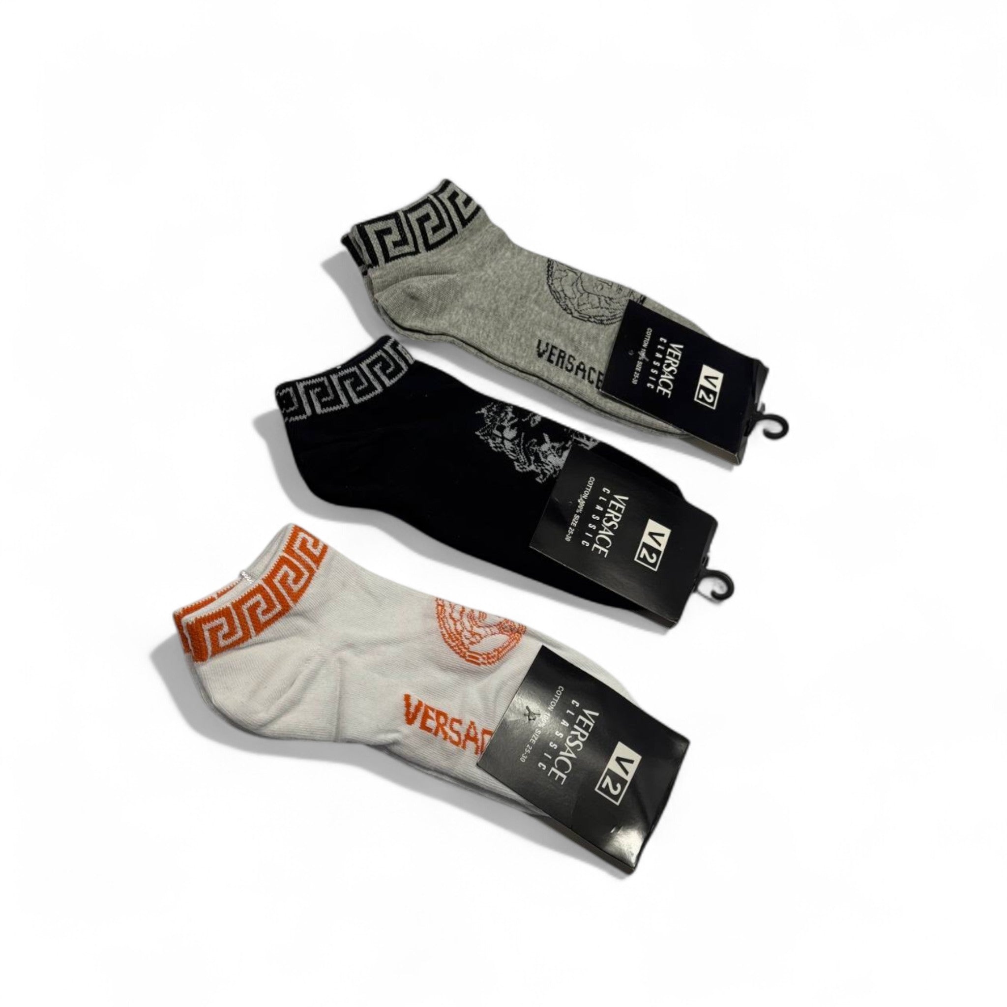 Versace-Inspired Ankle Socks 3-Pack 🧡🖤 Timeless Style with a Bold Twist