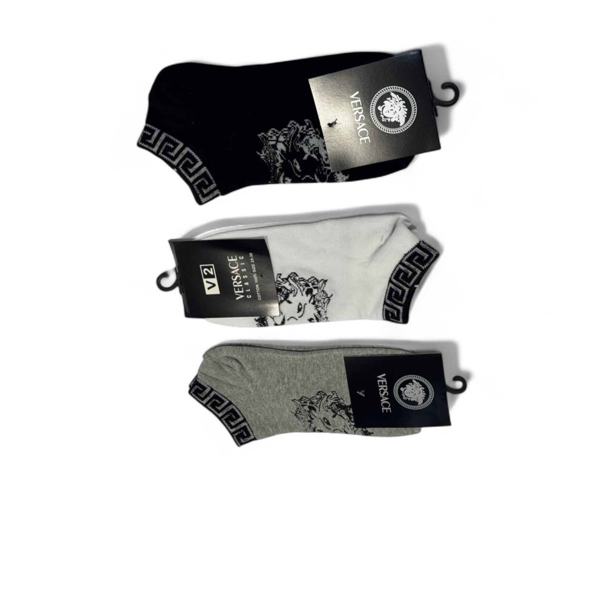 Versace-Inspired Medusa Socks 3-Pack 🖤⚪🩶 | Iconic Style with Greca Detail