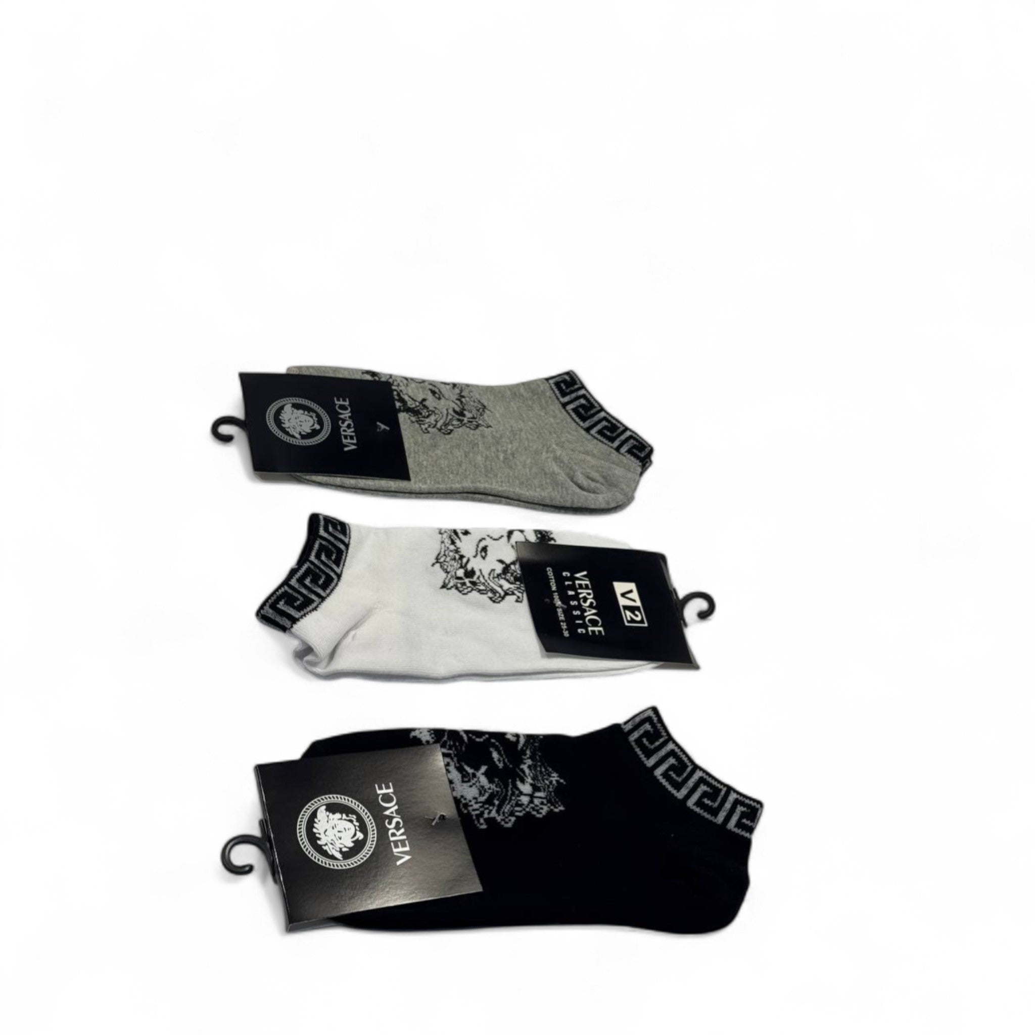 Versace-Inspired Medusa Socks 3-Pack 🖤⚪🩶 | Iconic Style with Greca Detail
