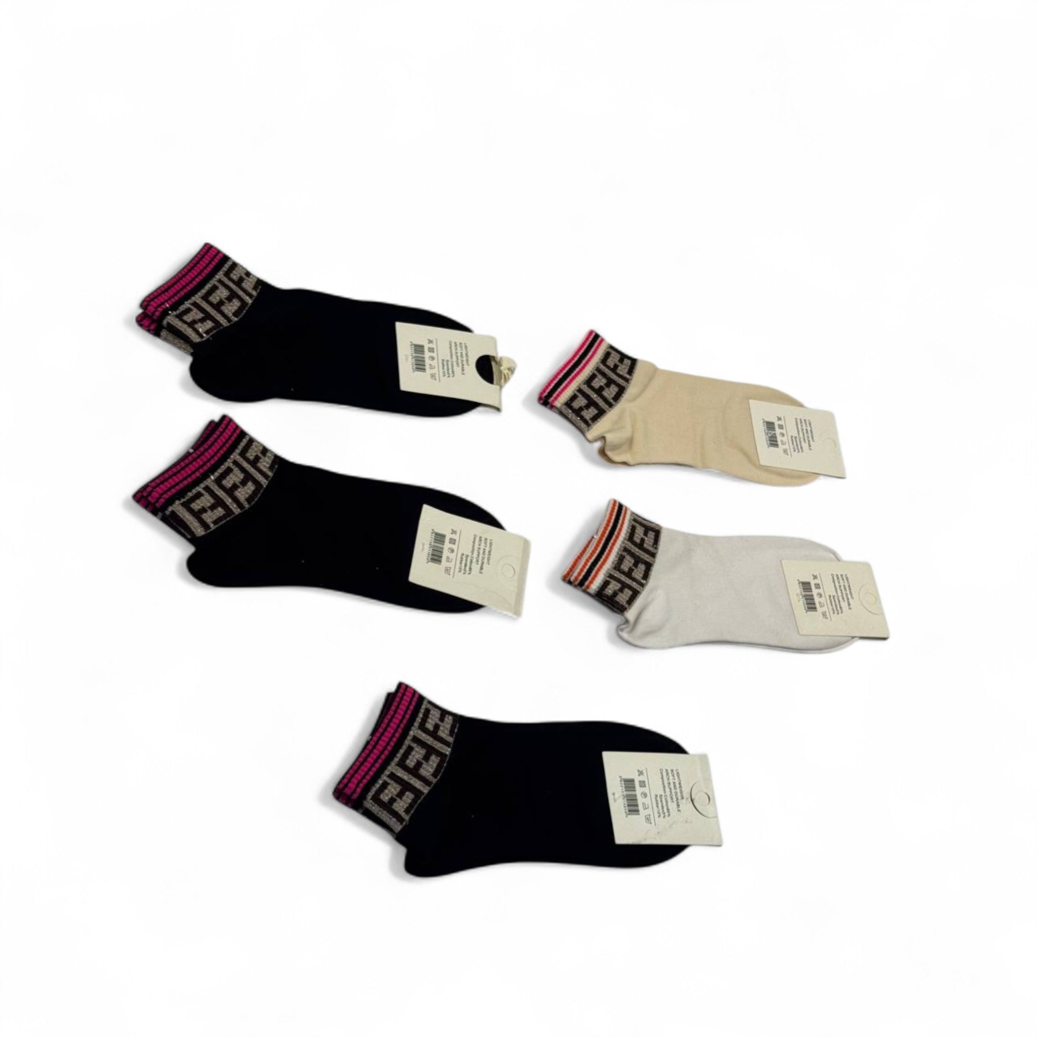 Fendi-Inspired FF Cuff Socks 5-Pack 🖤🤍 | Signature Monogram in Everyday Neutrals
