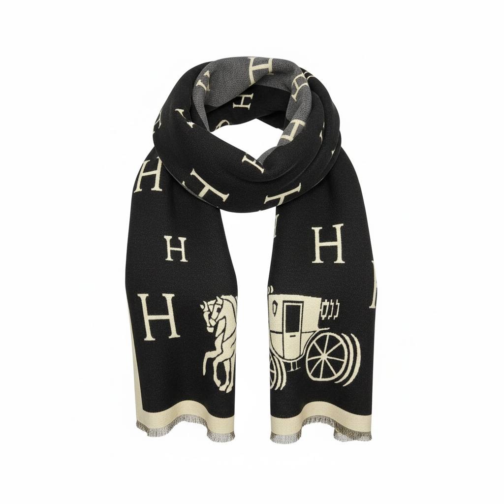 Hermès Double Face H & Carriage Scarf 🐎🖤