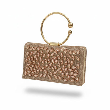 Rose Gold Leaf Crystal Clutch ✨🌸 | Elegant Ring Handle Evening Bag
