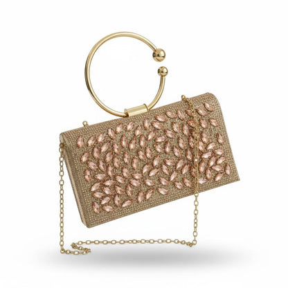Rose Gold Leaf Crystal Clutch ✨🌸 | Elegant Ring Handle Evening Bag