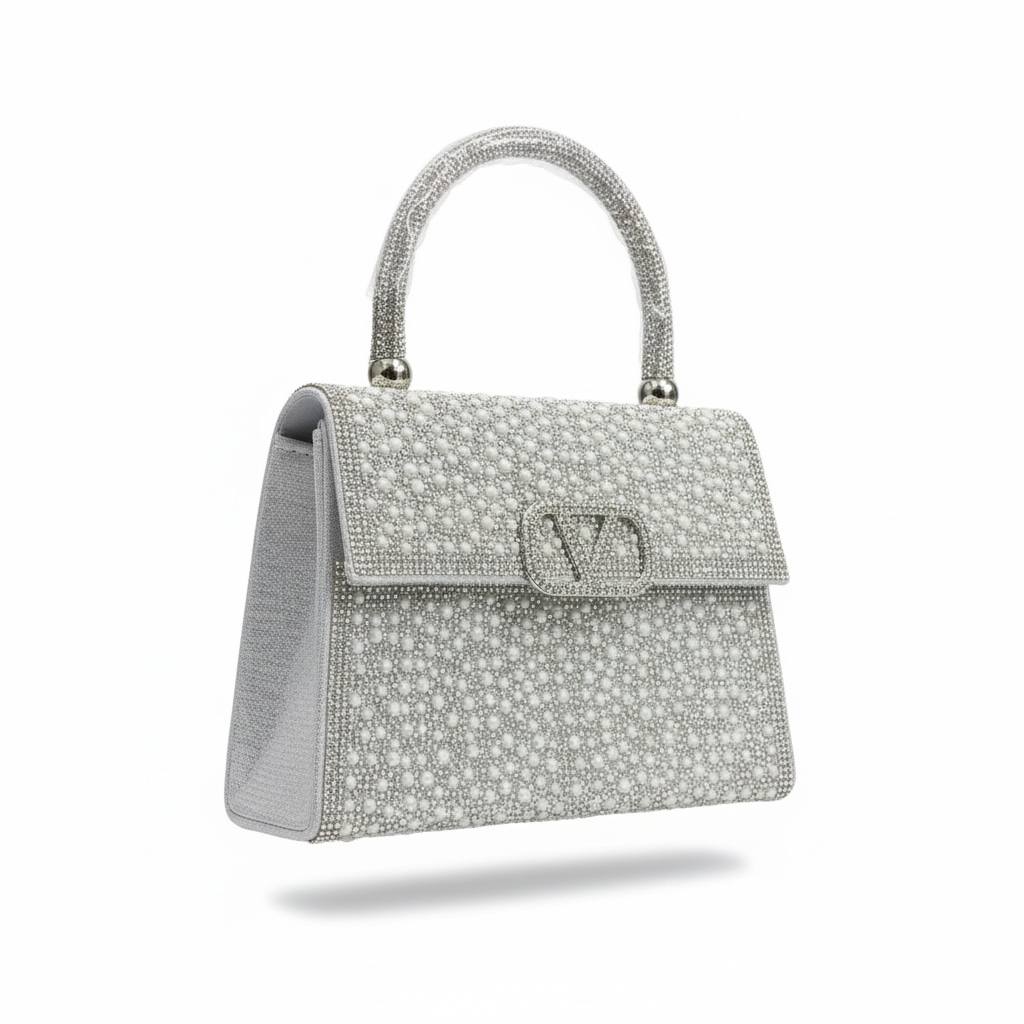 Valentino Garavani Crystal Pearl Top Handle Bag ✨🤍 | Silver Couture Evening Handbag