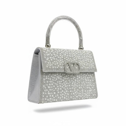 Valentino Garavani Crystal Pearl Top Handle Bag ✨🤍 | Silver Couture Evening Handbag
