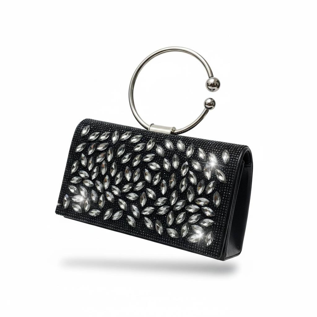 Midnight Crystal Leaf Ring Clutch ✨🖤 | Black Embellished Evening Statement Bag