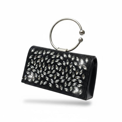 Midnight Crystal Leaf Ring Clutch ✨🖤 | Black Embellished Evening Statement Bag