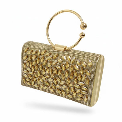 Golden Crystal Leaf Clutch ✨💛 | Luxury Statement Ring Handle Bag