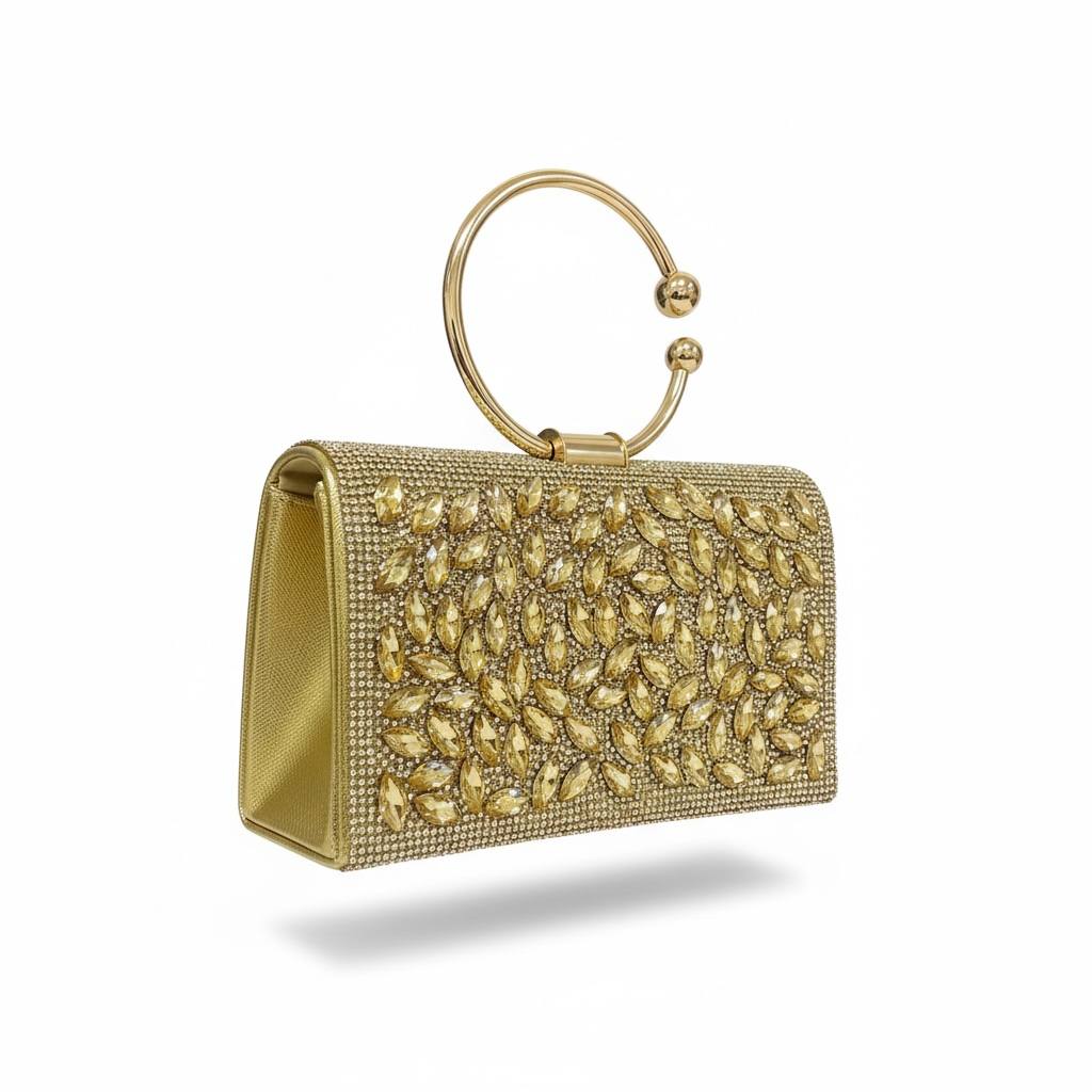 Golden Crystal Leaf Clutch ✨💛 | Luxury Statement Ring Handle Bag