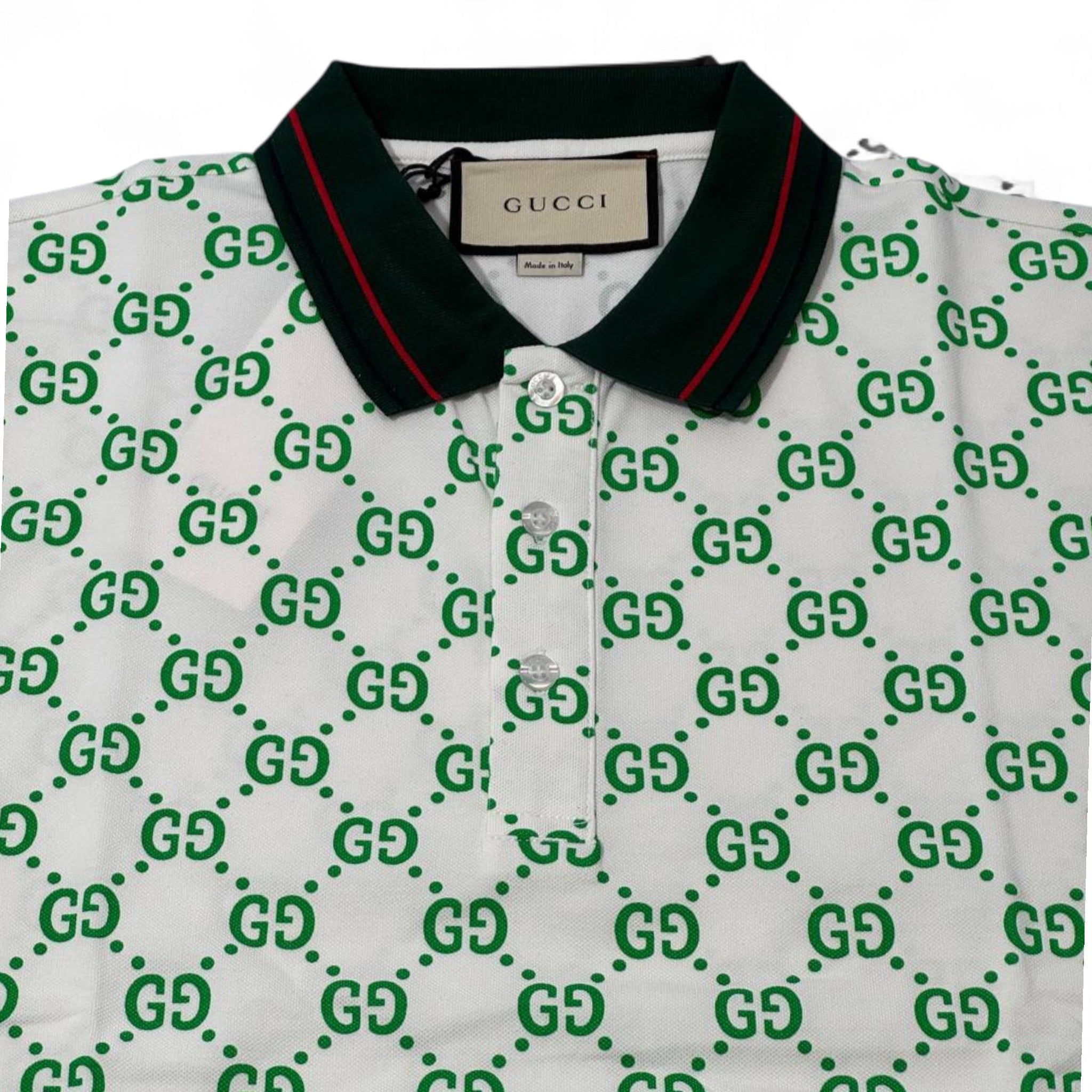 Gucci All-Over GG Monogram Polo – White & Green with Web Collar