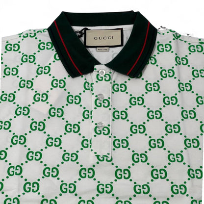Gucci All-Over GG Monogram Polo – White & Green with Web Collar